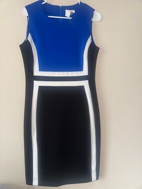 Calvin Klein Royal Blue, Black & White Colorblock Midi Sheath Dress